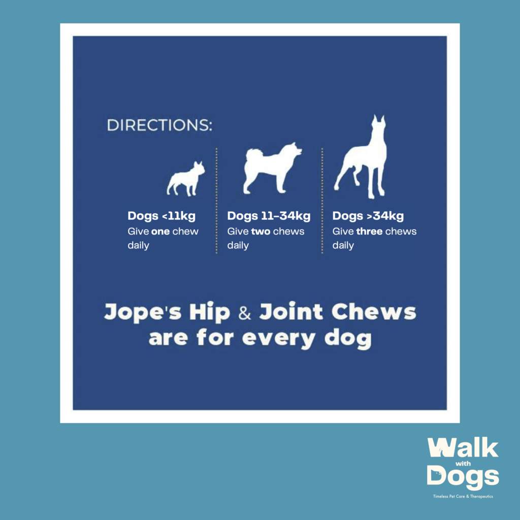 How to feed JOPE Hip & Joint Supplement Powered by UC-II to my dog? This image is show the recommended feeding amount of JOPE hip & joint chews to dogs based on their weight in KG